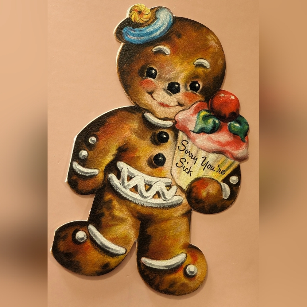 Vintage Get Well Soon Card | Gingerbread Man Illustration | Anthropomorphic